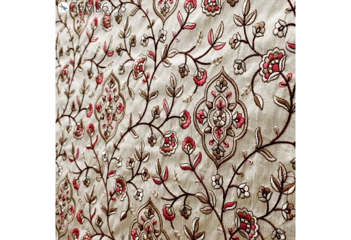 Beige Floral Embroidered Fabric by the yard Sewing DIY Crafting Indian Embroidery Wedding Dress Costumes Cushion Covers Woman Blouses